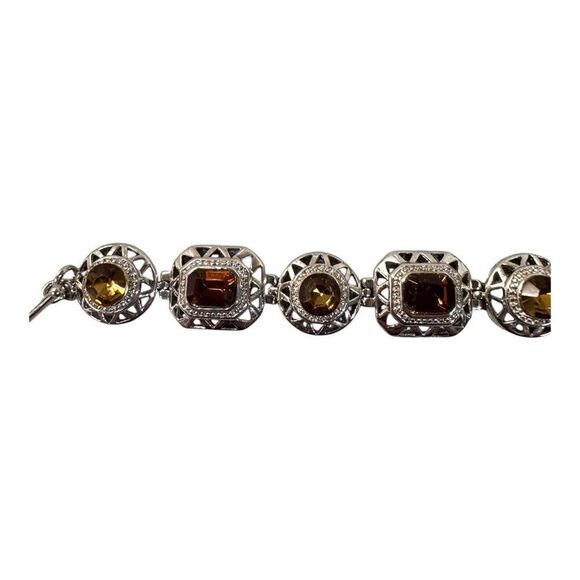 Vintage Silver & Citrine Stone Link Bracelet With Toggle Clasp 7" - 8" Art Deco - Picture 2 of 6